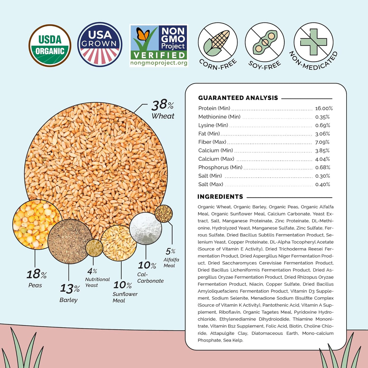 Organic Chicken Feed – Layer Mash, Non-GMO, USA Grown, 16% Protein, Corn-Free, Soy-Free