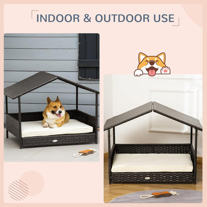 PawHut Wicker Dog House Outdoor with Canopy, Rattan Dog Bed with Water-Resistant Cushion, Raised