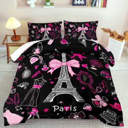 Eiffel Tower Comforter Set Twin Size,Eiffel Tower Bedding Set for Girls, Pink and Black Paris
