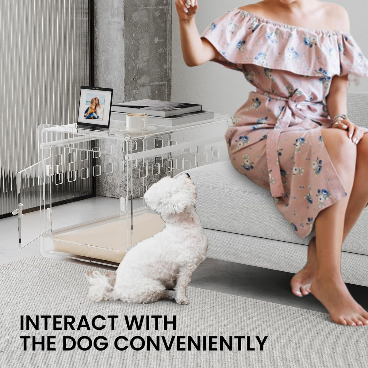Sumerflos Clear Acrylic Dog Crate - Modern Dog Kennel Furniture, Indoor End Table Dog Crate