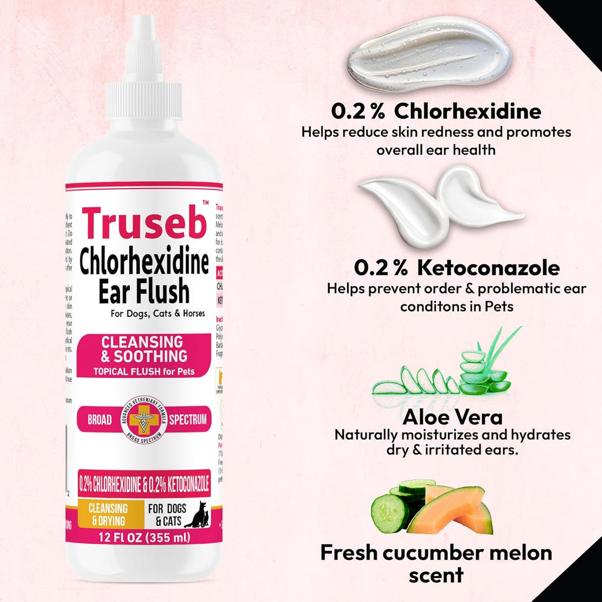 Truseb Advanced Topical Dog Ear Wash with Ketoconazole & Chlorhexidine Ear Flush Dog, Cats and