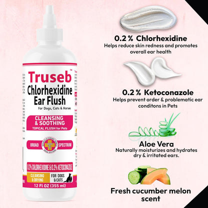 Truseb Advanced Topical Dog Ear Wash with Ketoconazole & Chlorhexidine Ear Flush Dog, Cats and