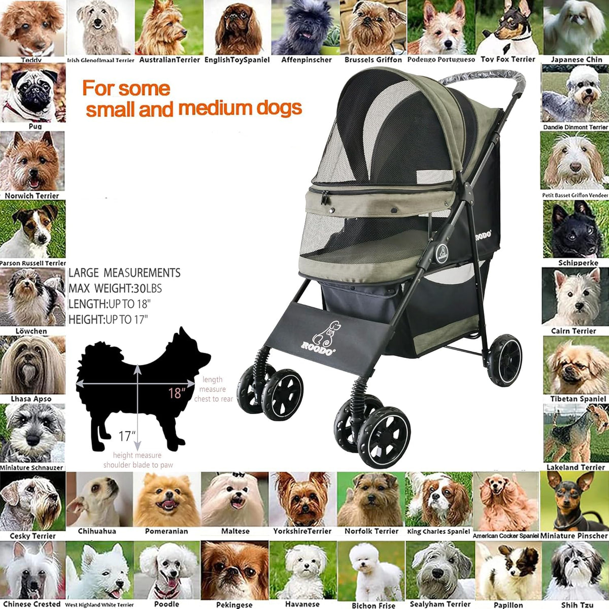 ROODO 4 Wheel Dog Cat Pet Stroller Best Lightweight Foldable Compact Portable Jogger All Terrain