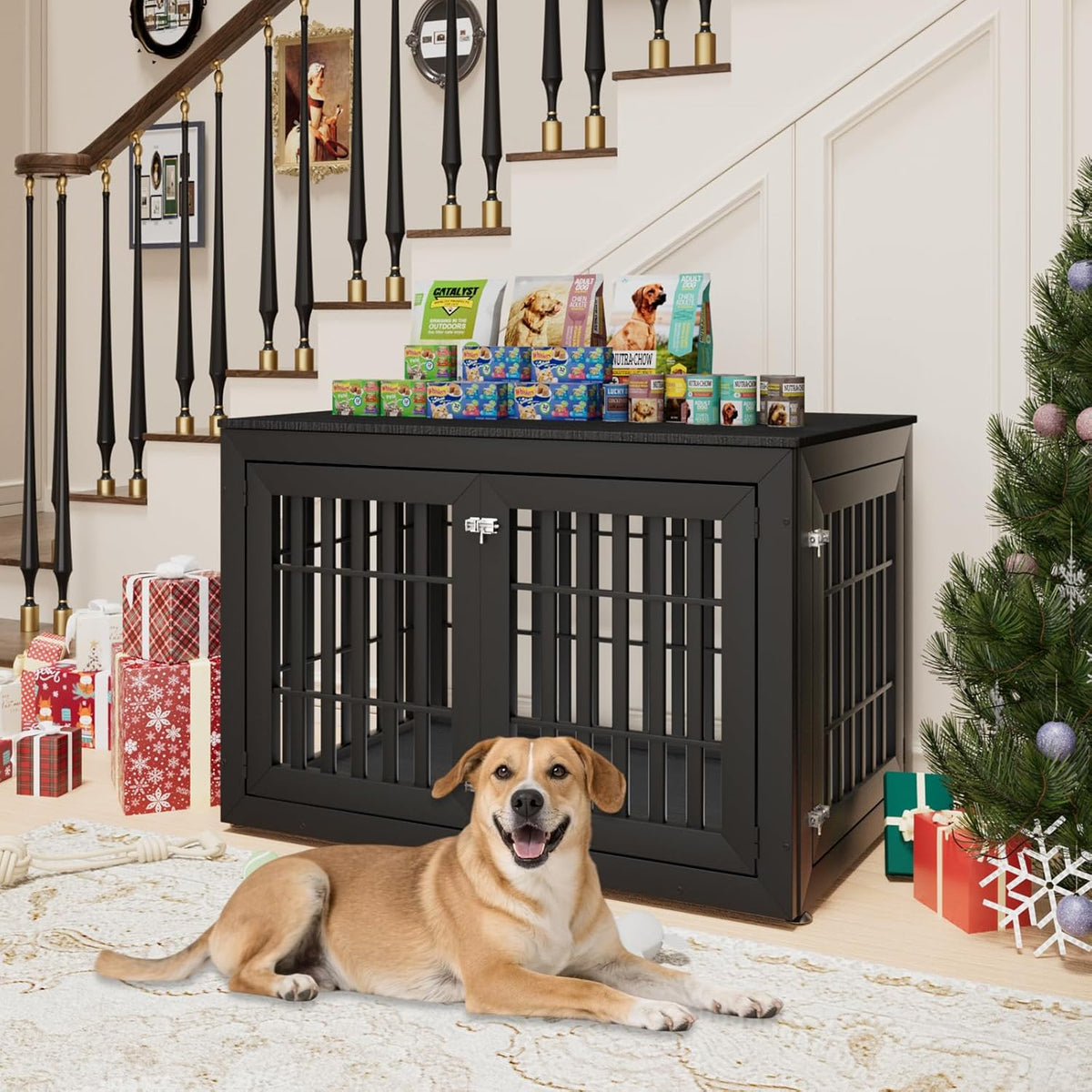 48" Heavy Duty Dog Crate Furniture for Small,Medium and Large Dogs,Rustic Wooden Dog Cage Kennel