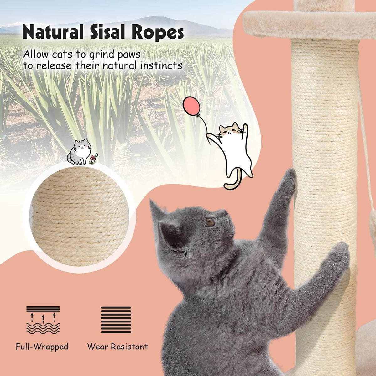 PETSITE Woven Cat Tree, Modern Cat Tower with Hammock & Scratching Posts, Cattail Condo & Top