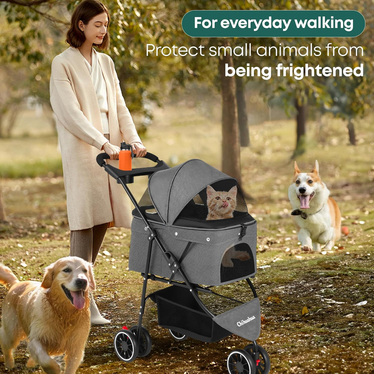 Pet Stroller,Dog Stroller for Small Medium Dogs Cats,3 Wheels,Foldable,with Breathable Mesh