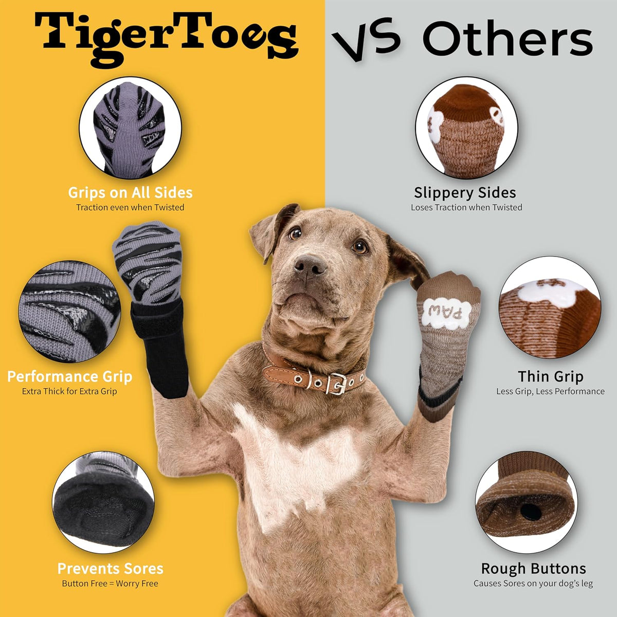 DOK TigerToes Premium Non-Slip Dog Socks for Hardwood Floors - Extra-Thick Grip That Works Even
