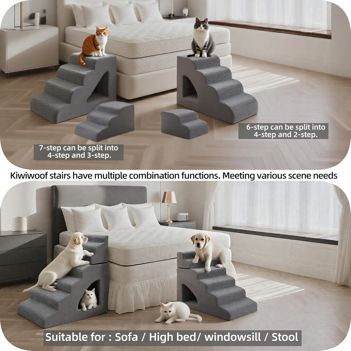6 Step Pet Stairs Ramp for High Beds Sofas 18-36 Inch, Non-Slip Dog Stairs for Small Old Medium
