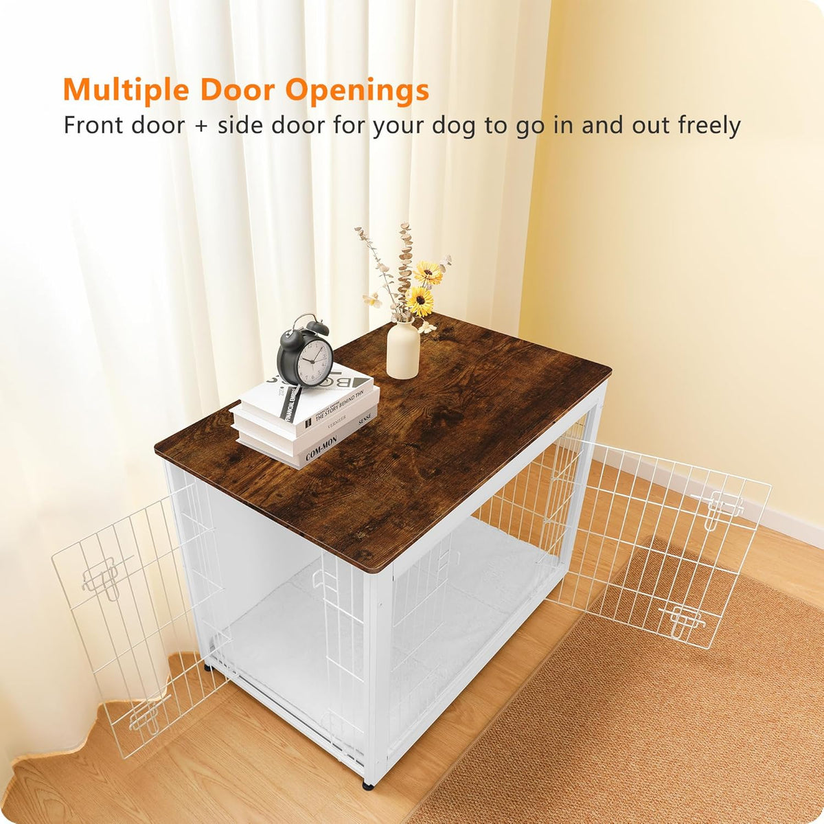 DWANTON Dog Crate Furniture with Cushion, Wooden Kennel Table with Double Doors, Indoor Dog House