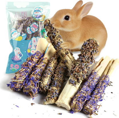 Abizoo Sweet Bamboo Rabbit Chew Sticks Treats and Toys 8Pcs Natural Hay with Forget-Me-Not Lavender