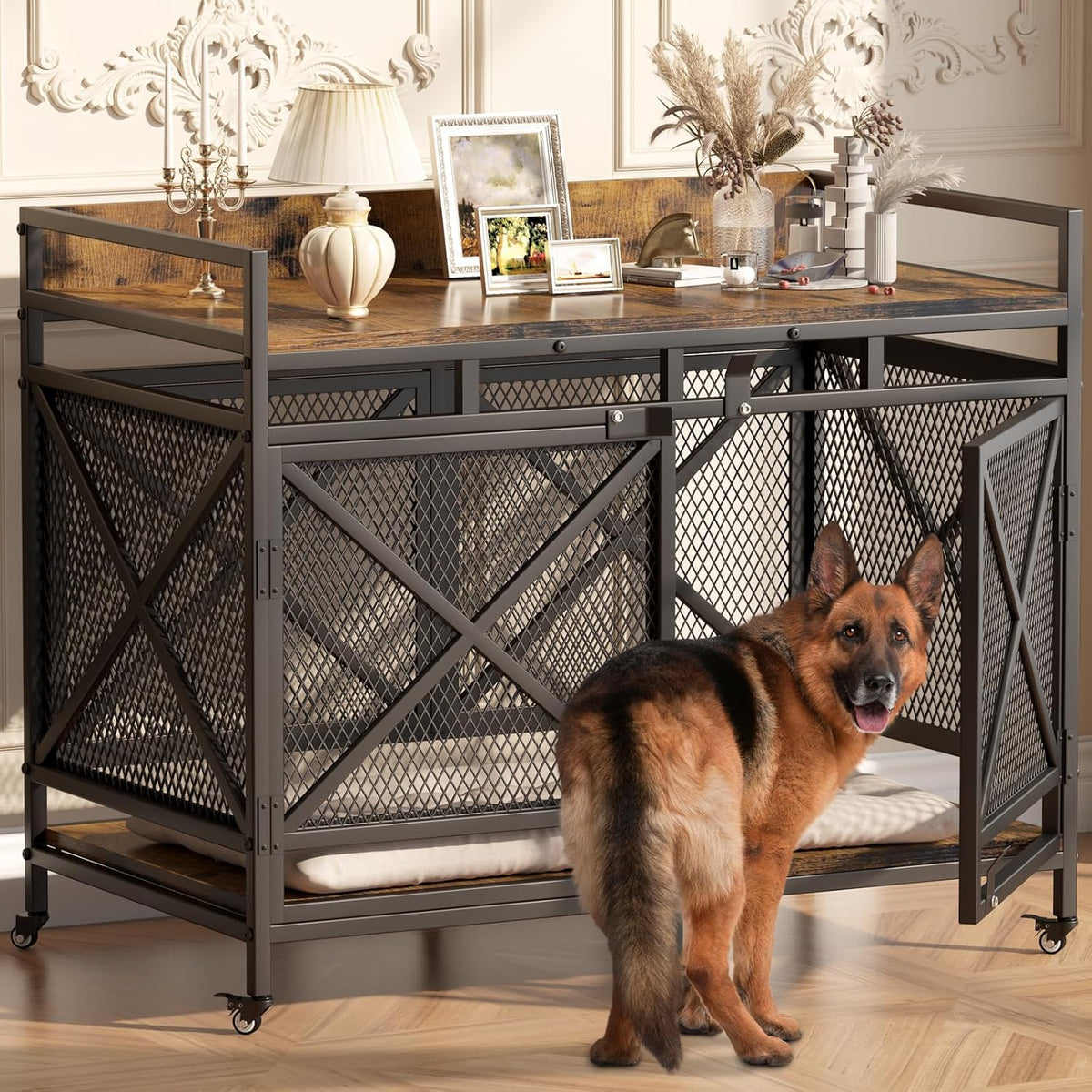 COZPAW Large Dog Crate Furniture, 48 Inch Wooden Dog Kennel for XLarge Dogs, Heavy Duty Dogs