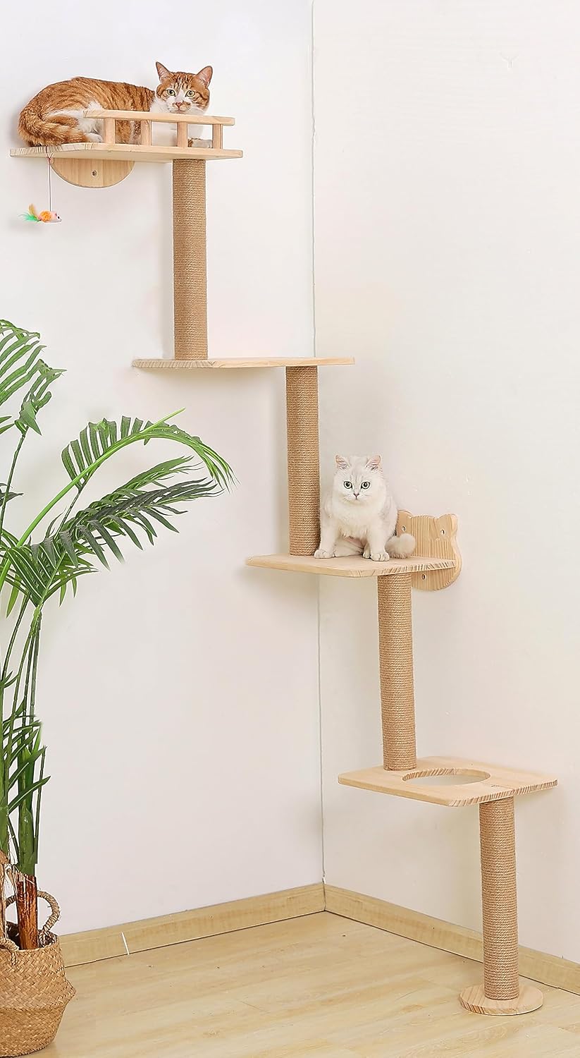 Cat Tree Wall Mounted with 4 Levels Shelves, 73" Wood Corner Tower Inside Kitten Playground for