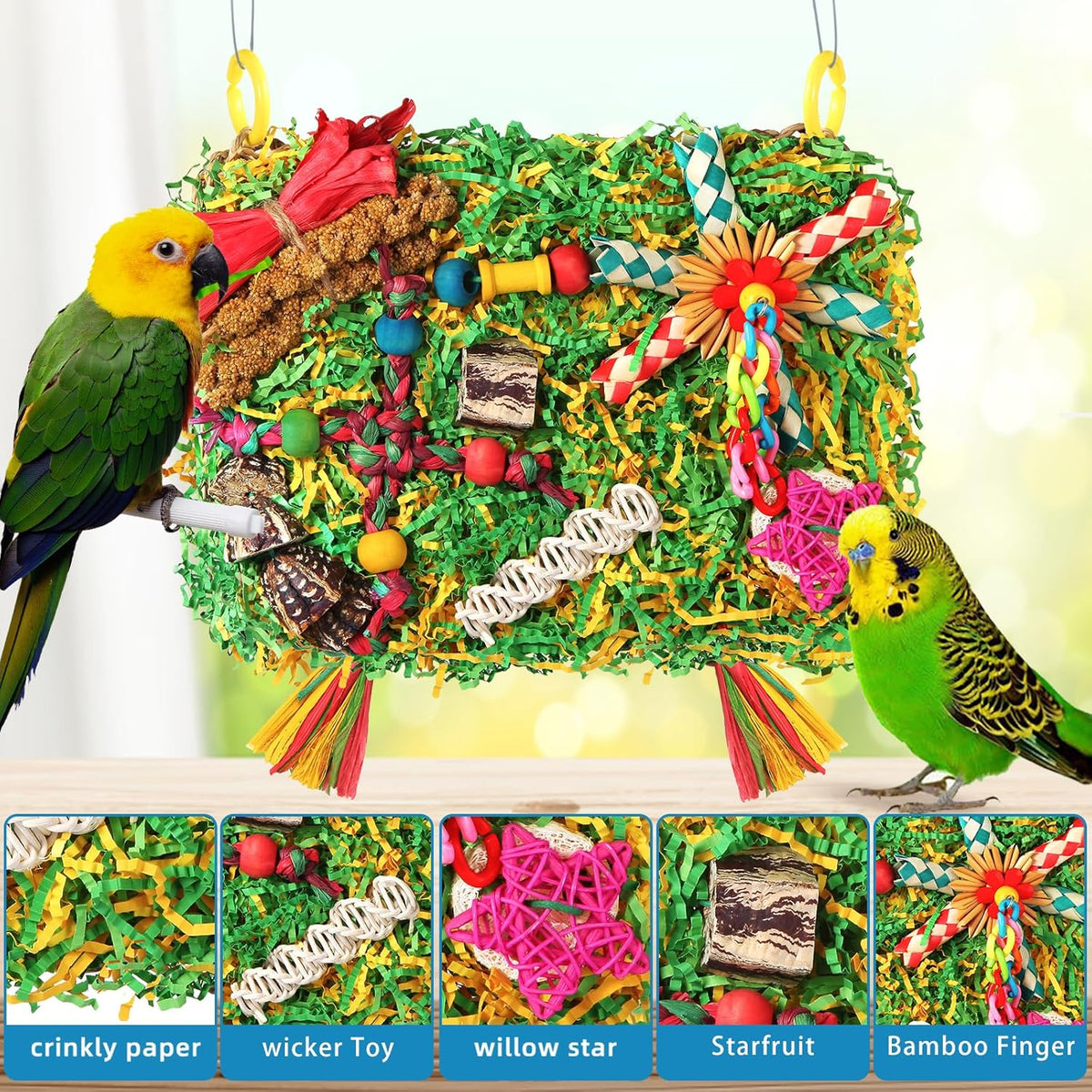 Bird Toys Parakeet Toys,Large-Sized Parrot Foraging & Shredding Cage Hanging Toys with Seagrass Mat