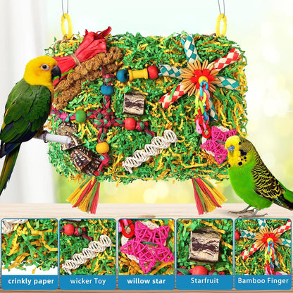 Bird Toys Parakeet Toys,Large-Sized Parrot Foraging & Shredding Cage Hanging Toys with Seagrass Mat