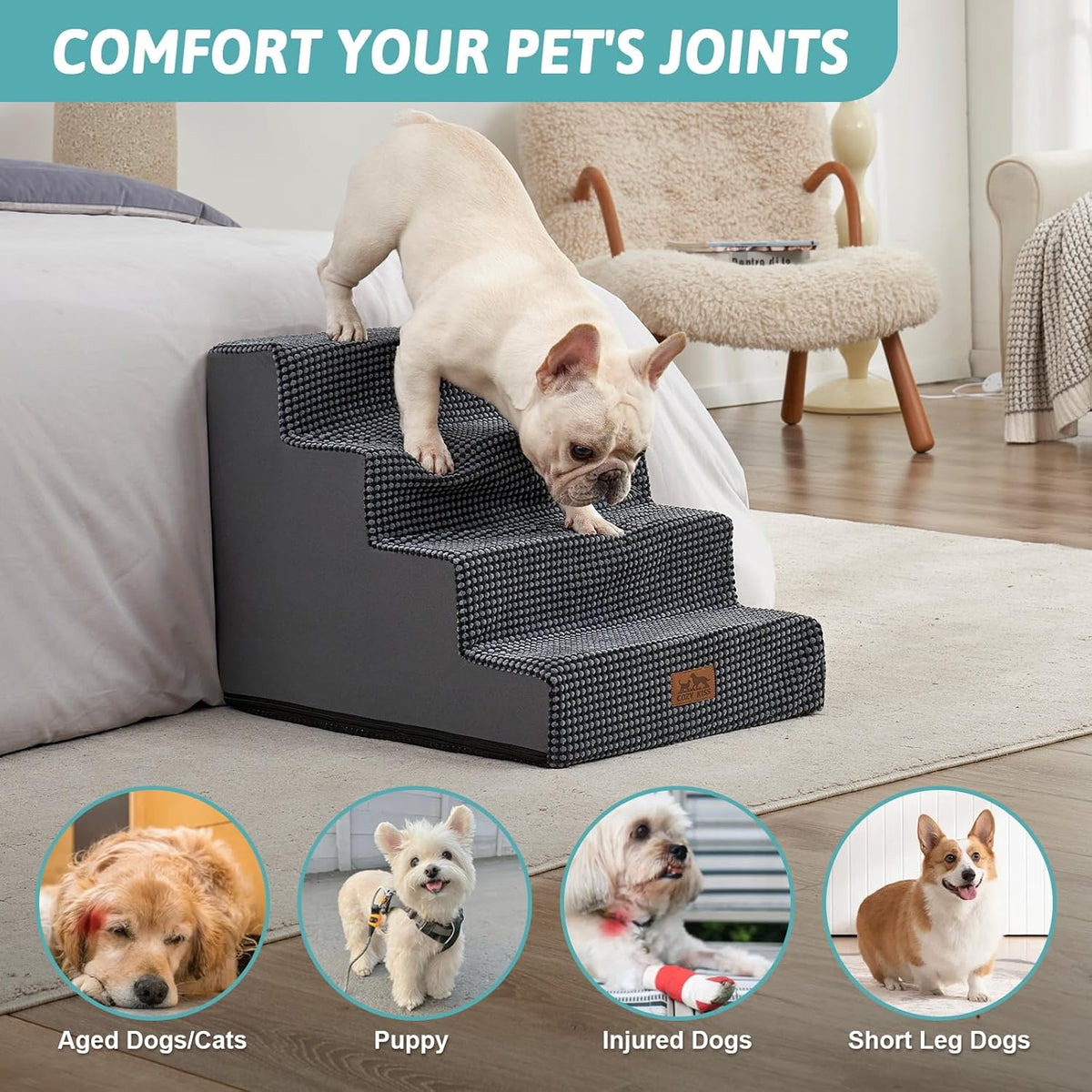 Dog Stairs for Small Dogs, 4 Tier Wider Pet Stairs for Couch and Beds, 17.7" H Non-Slip Dog Steps