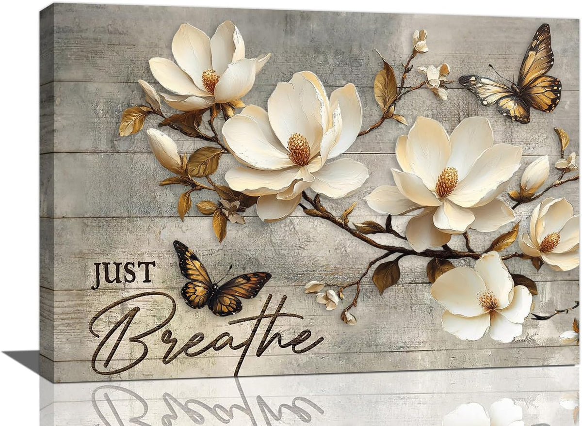 Floral Magnolia Bathroom Pictures Wall Art, Just Breathe Bathroom Wall Decor, Flower Butterfly
