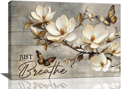 Floral Magnolia Bathroom Pictures Wall Art, Just Breathe Bathroom Wall Decor, Flower Butterfly