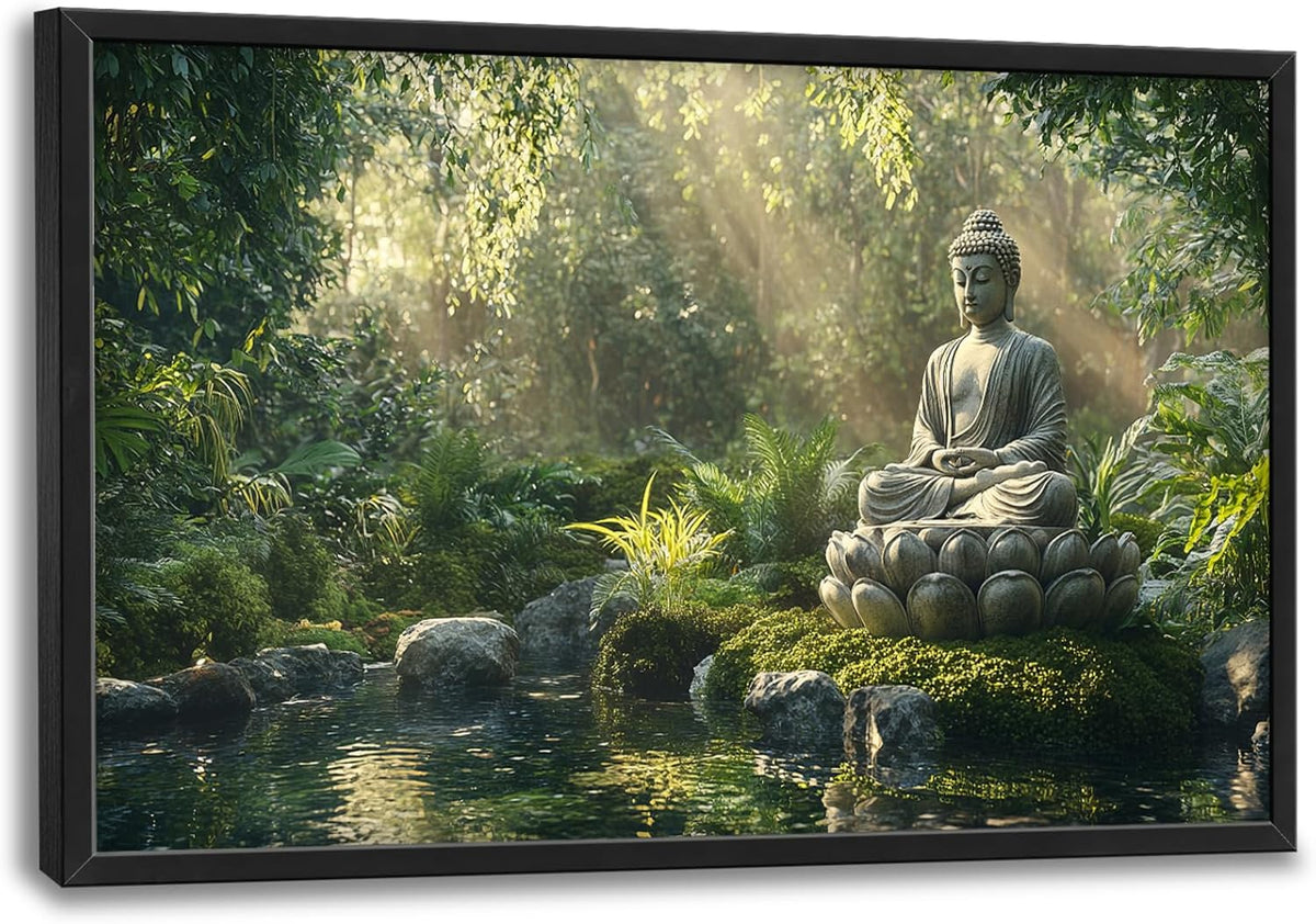 Large Buddha Forest Wall Art for Living Room, Framed Oversized Tree Lake Wall Decor, Nature