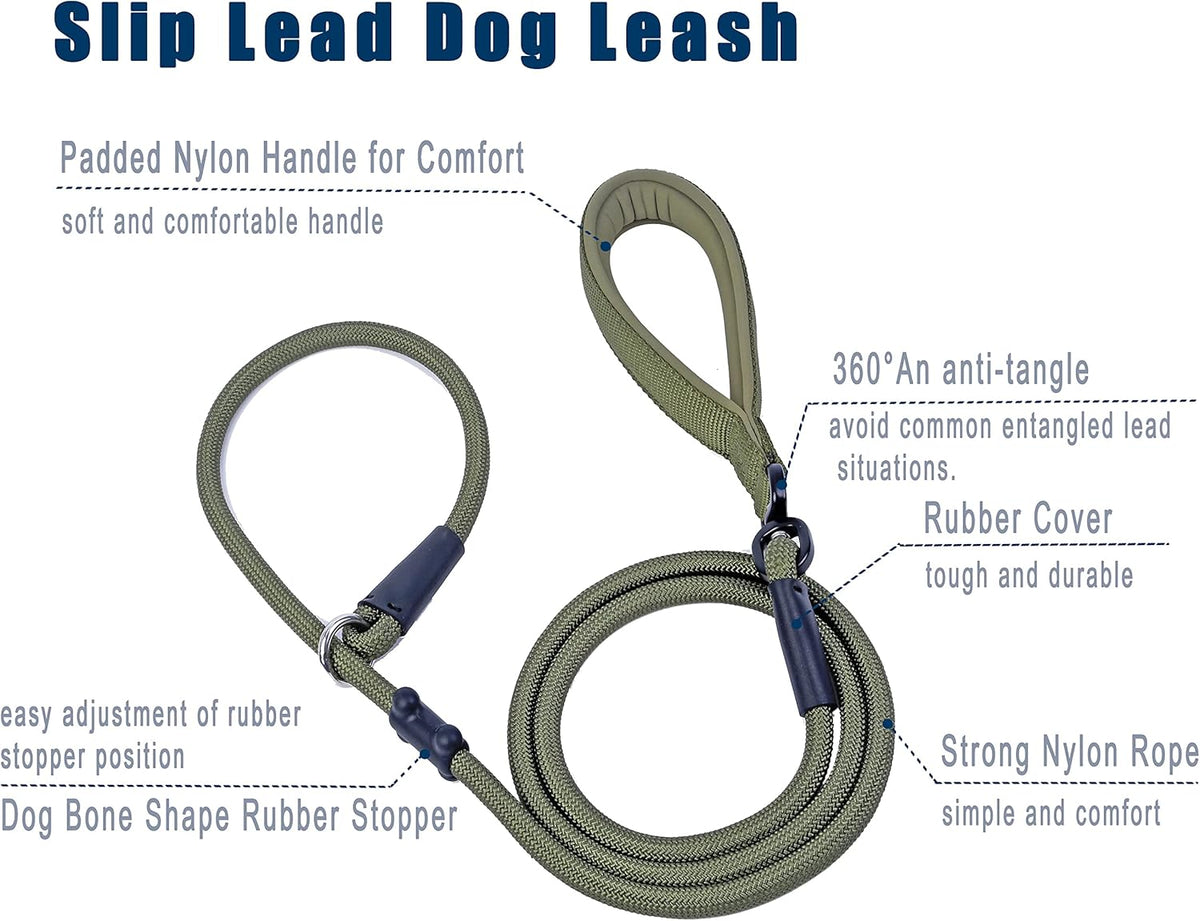 Slip Lead Dog Leash，Strong Nylon Rope Leash and Padded Handle,No Pull Outdoor Walking Training Lead