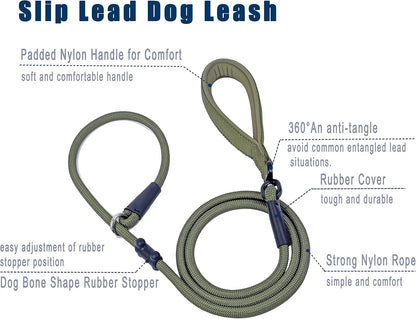 Slip Lead Dog Leash，Strong Nylon Rope Leash and Padded Handle,No Pull Outdoor Walking Training Lead
