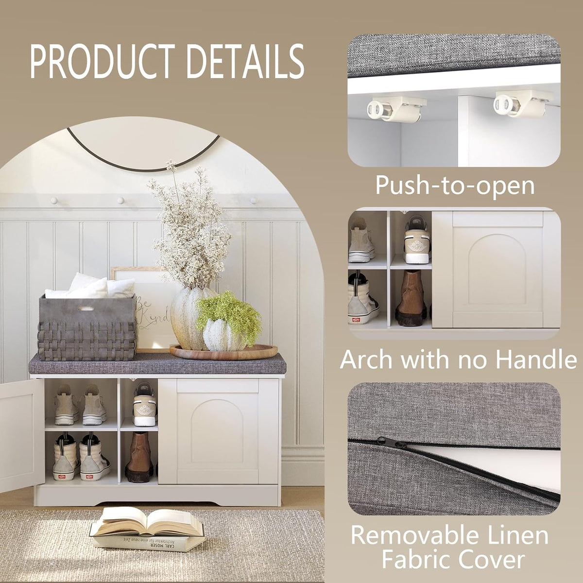 DINZI LVJ Shoe Bench, Entryway Storage Bench with Doors, Cushion, 2-Tier Shoe Rack with 6-Cubby
