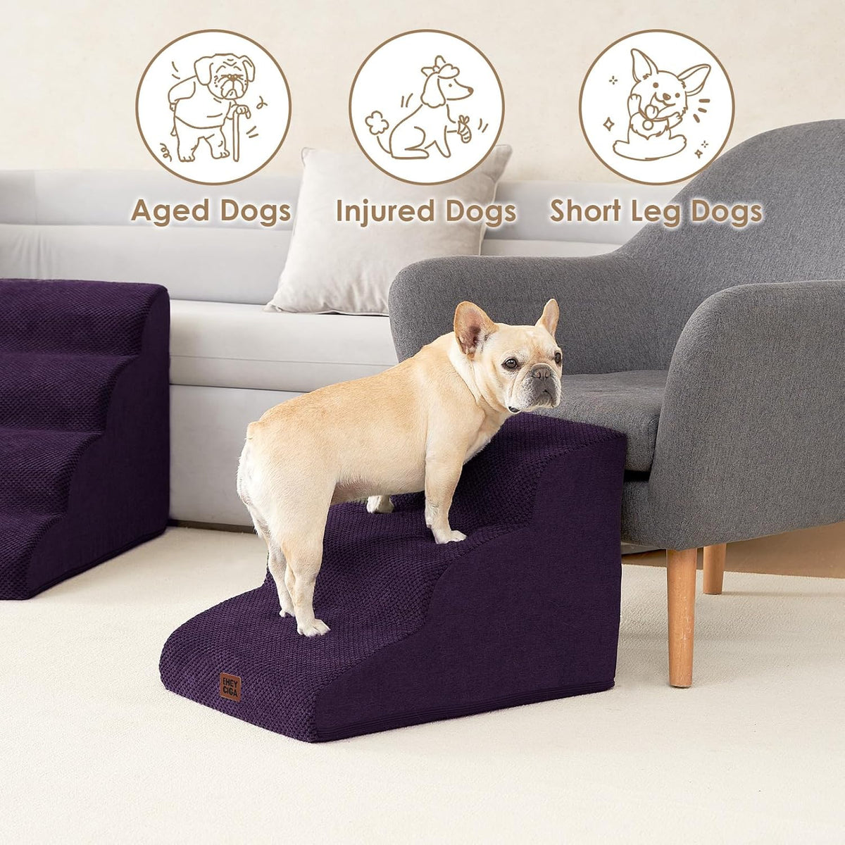 EHEYCIGA Curved Dog Stairs Ramp for Small Dogs 15.7" H, 3-Step Dog Steps for Couch Sofa and Chair