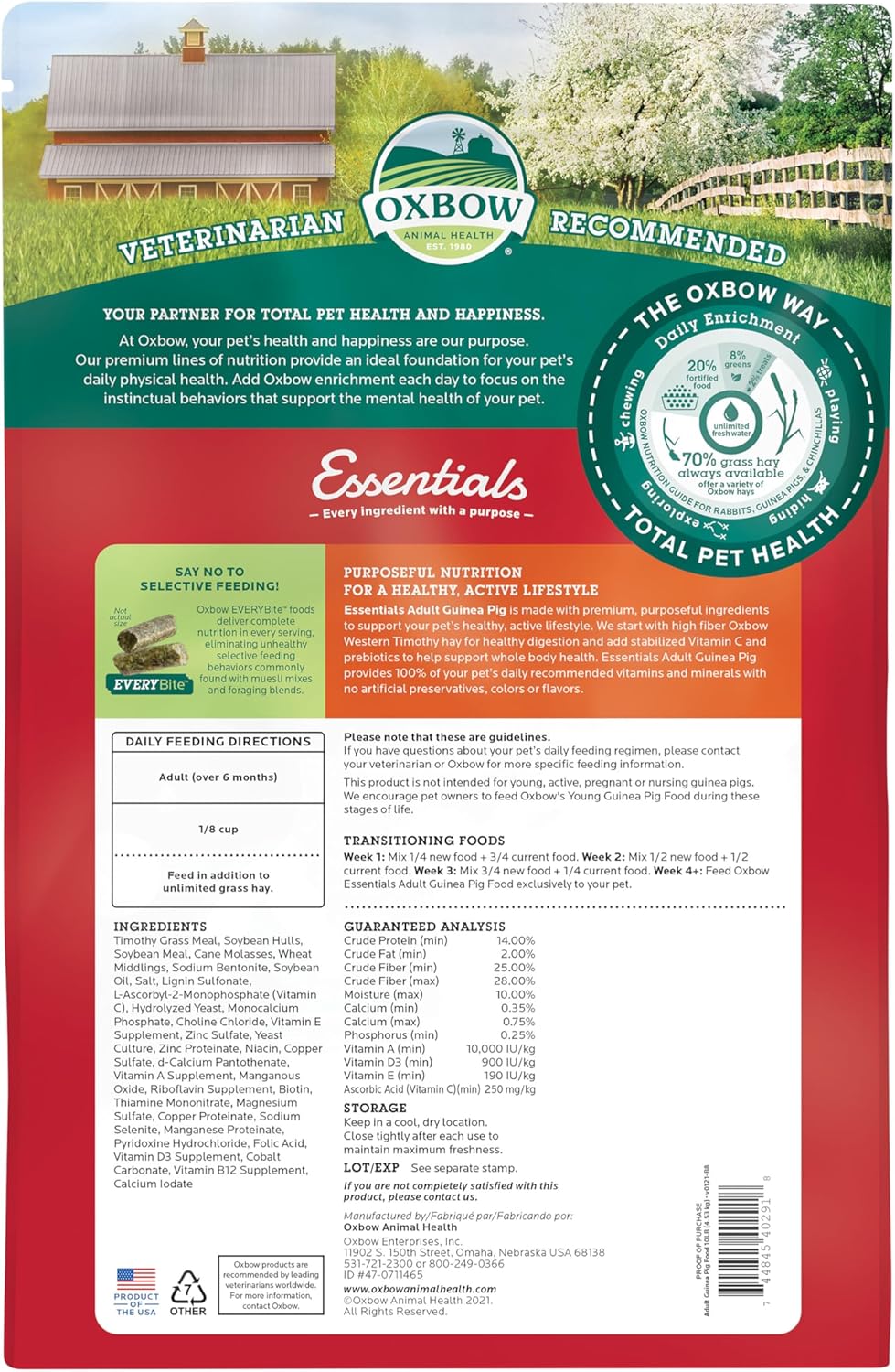 Oxbow Essentials Guinea Pig Food, Adult Guinea Pig, Made with Oxbow Timothy Hay, Pet Food Pellets