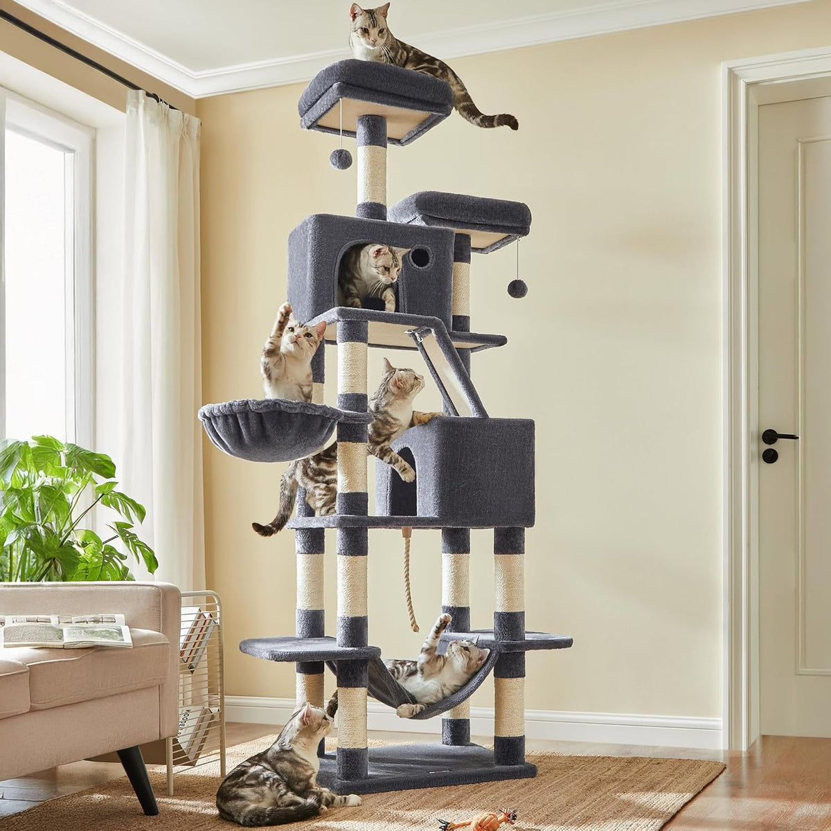 Feandrea Cat Tree, 81.1-Inch Large Cat Tower with 13 Scratching Posts, 2 Perches, 2 Caves, Basket