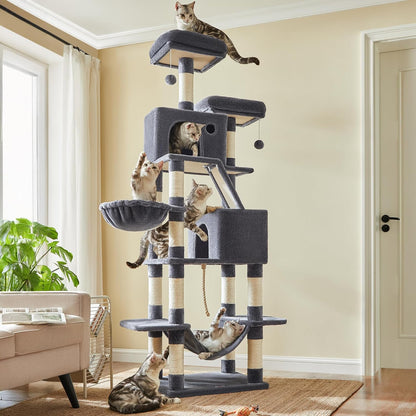 Feandrea Cat Tree, 81.1-Inch Large Cat Tower with 13 Scratching Posts, 2 Perches, 2 Caves, Basket