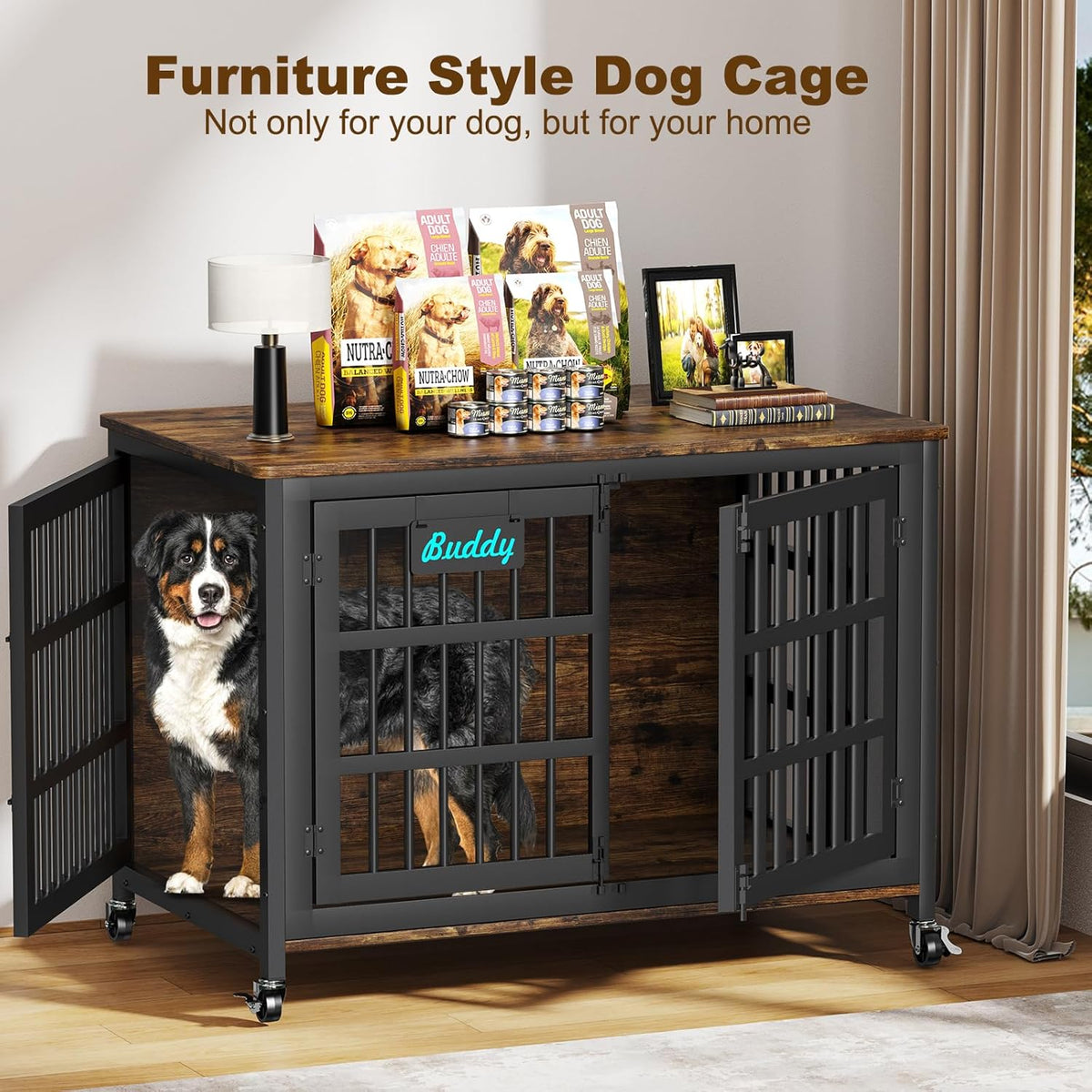 EasyCom 48"/42"/33" Dog Crate Furniture with Name Tag, Heavy Duty Dog Kennel Indoor for Large Dogs