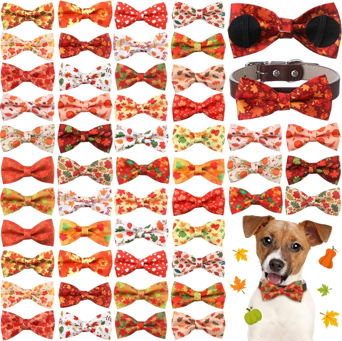 Hillban 50 Pcs Fall Thanksgiving Dog Collar Bow Ties Maple Leaves Dogs Collar Accessories Bow Ties
