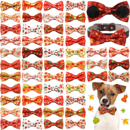 Hillban 50 Pcs Fall Thanksgiving Dog Collar Bow Ties Maple Leaves Dogs Collar Accessories Bow Ties