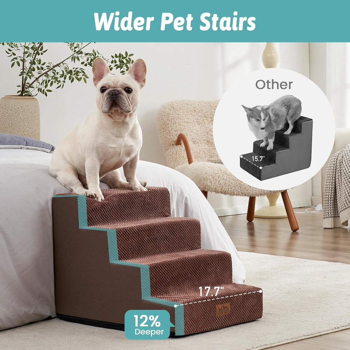 Dog Stairs for Small Dogs, 4 Tier Wider Pet Stairs for Couch and Beds, 17.7" H Non-Slip Dog Steps