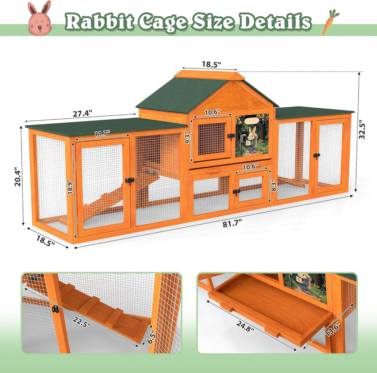 COZIWOW 82” Extra Large Fashion Wooden Outdoor Rabbit Hutch Bunny Cage Indoor Easy to Assemble and