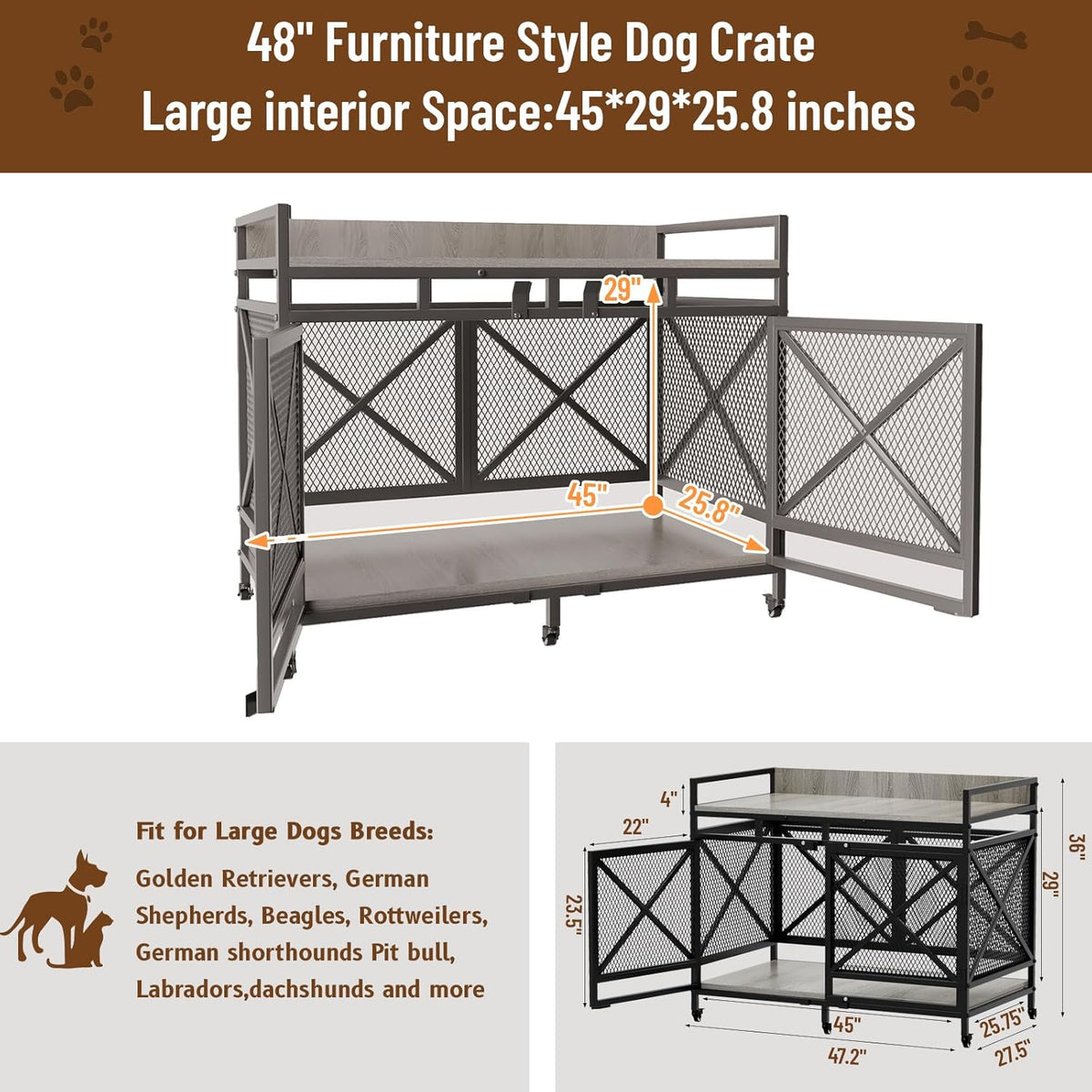 COZPAW Large Dog Crate Furniture, 48 Inch Wooden Dog Kennel for XLarge Dogs, Heavy Duty Dogs