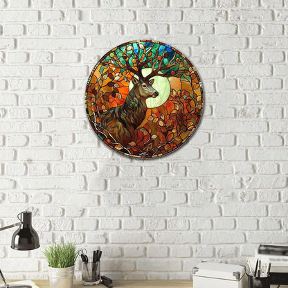 Lygond Metal Sign Tin Sign Circular Stained Glass Deer Gift For Gift 12×12 Inches