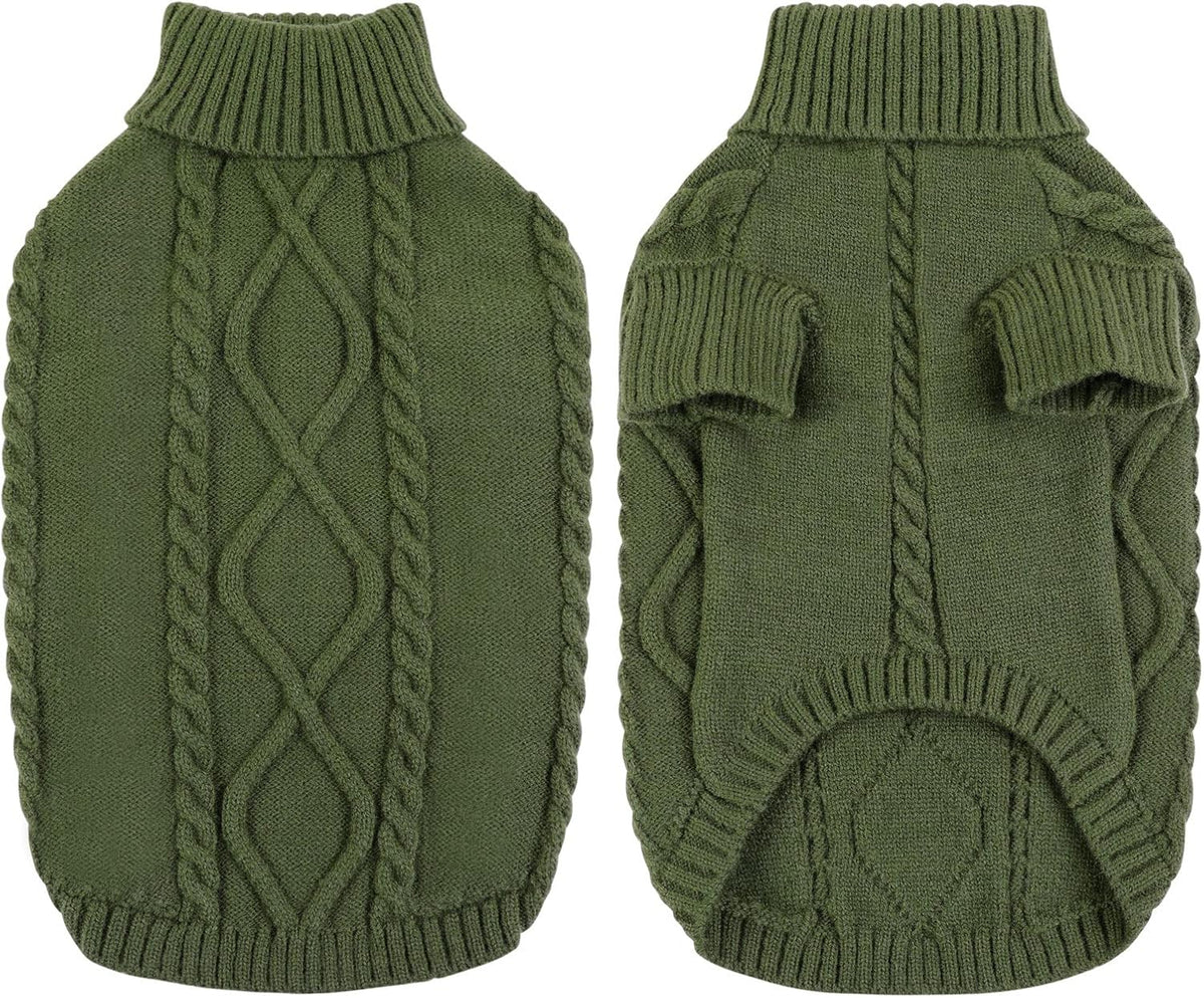 Queenmore Small Dog Pullover Sweater, Cold Weather Cable Knitwear, Classic Turtleneck Thick Warm