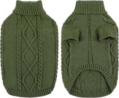 Queenmore Small Dog Pullover Sweater, Cold Weather Cable Knitwear, Classic Turtleneck Thick Warm