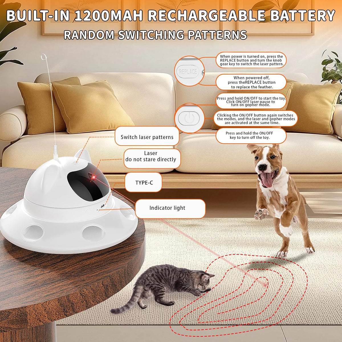 Cat Laser Toy,3-in-1Interactive Cat Toys Automatic Cat Toy with 360° Random Laser & Interactive