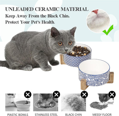 Selamica Ceramic 30 OZ Dog Bowls, Dog Food and Water Bowls with Wooden Stand, Anti-Slip Dog Dishes