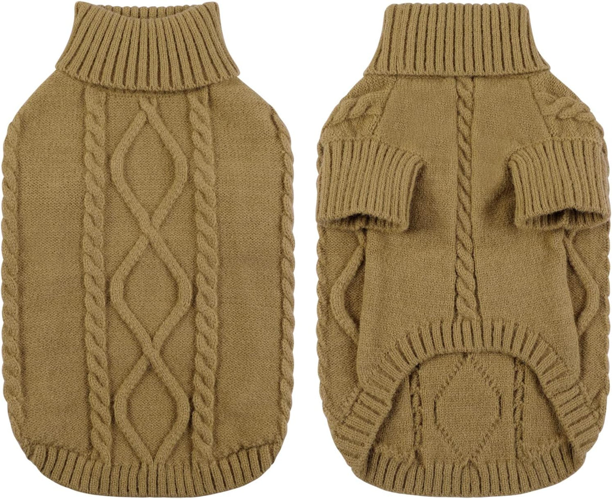 Queenmore Small Dog Pullover Sweater, Cold Weather Cable Knitwear, Classic Turtleneck Thick Warm