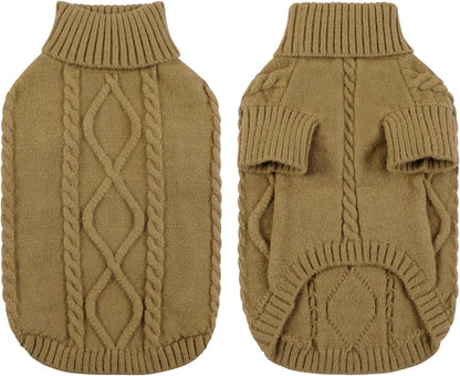 Queenmore Small Dog Pullover Sweater, Cold Weather Cable Knitwear, Classic Turtleneck Thick Warm