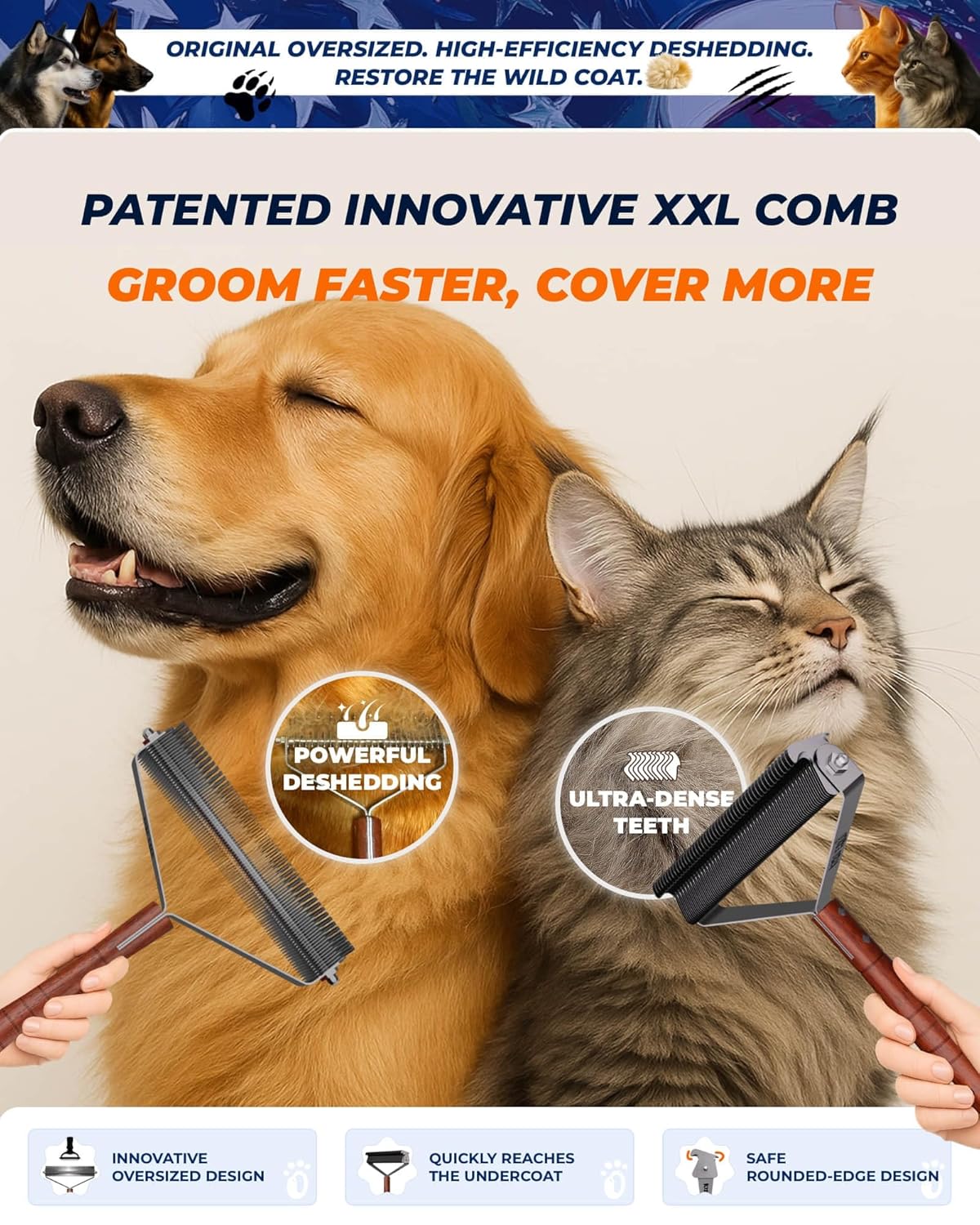 Oversized 2-Sided Dog Brush For Shedding Undercoat Rake for Dogs & Cats & Horses, Remove