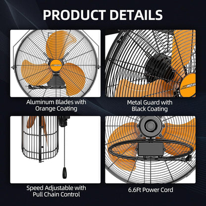 20 Inch Industrial Wall Mount Fan, 4850 CFM High Velocity Metal Wall Fan, 3 Speed, Adjustable Tilt
