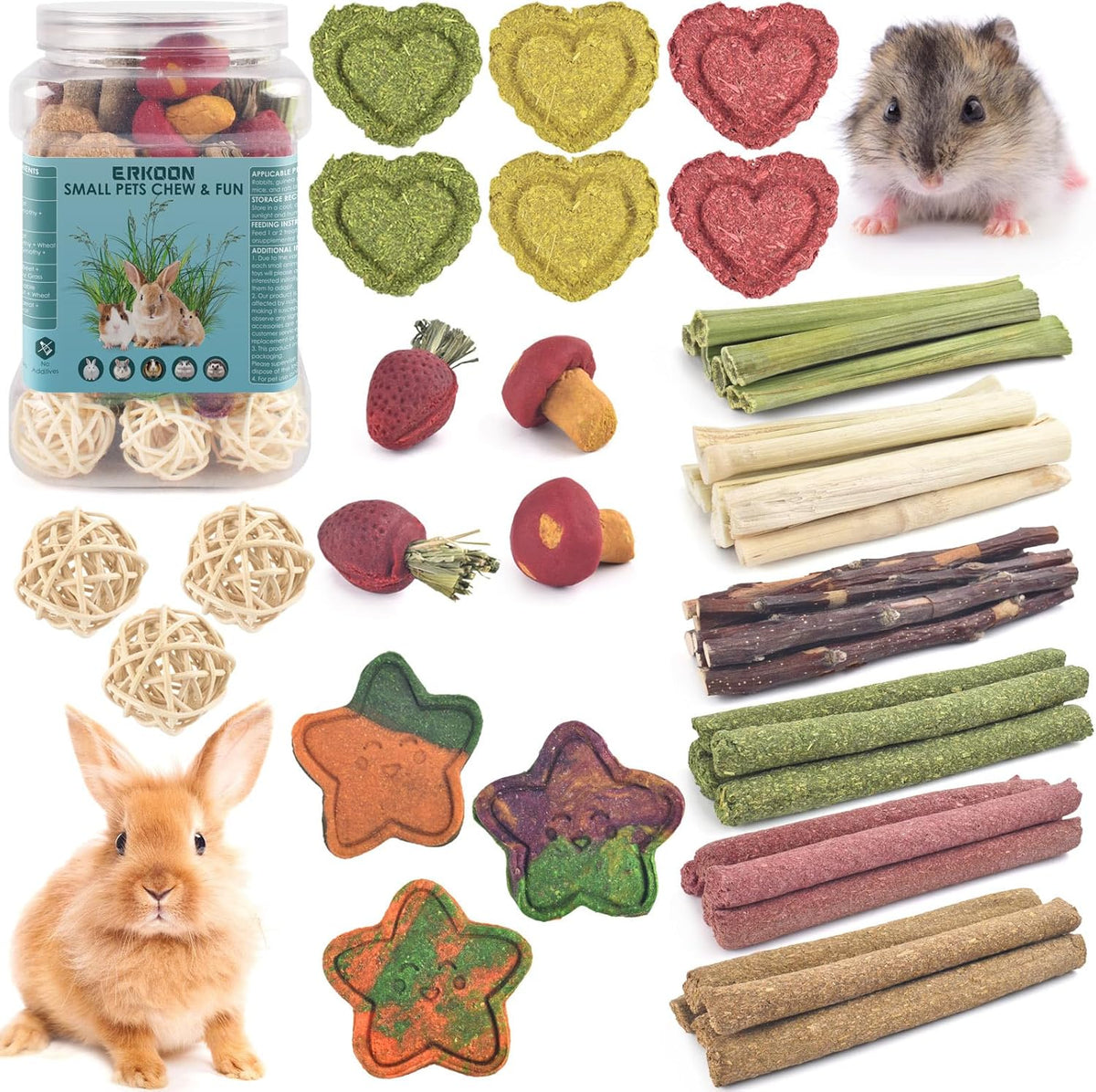 ERKOON 53 Bunny Chew Toys for Rabbits Teeth, Natural Rabbit Toys Apple Wood Sticks, Carrot, Timothy