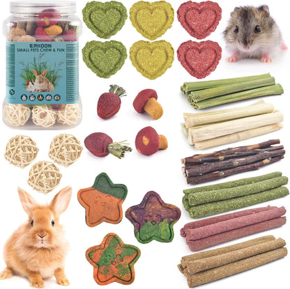 ERKOON 53 Bunny Chew Toys for Rabbits Teeth, Natural Rabbit Toys Apple Wood Sticks, Carrot, Timothy