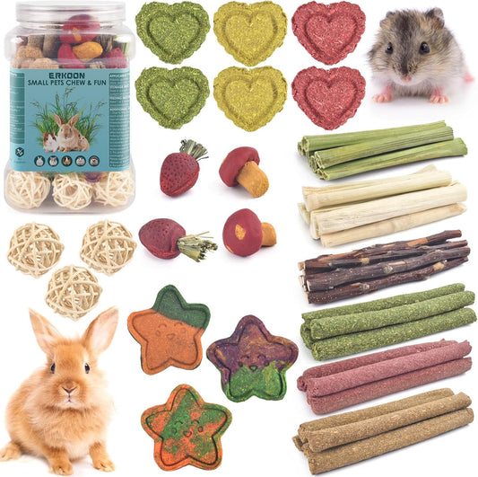 ERKOON 53 Bunny Chew Toys for Rabbits Teeth, Natural Rabbit Toys Apple Wood Sticks, Carrot, Timothy