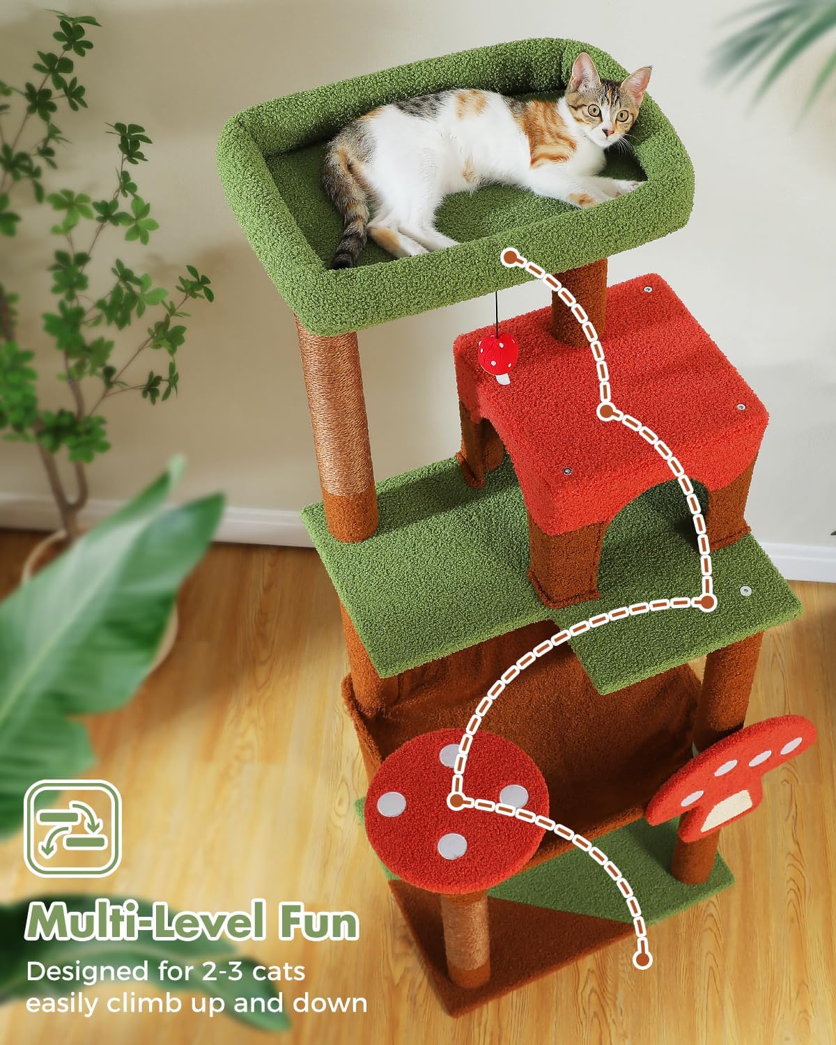 Mushroom Cat Tree Tower with Removable Scratcher, Large Hammock, Condo, Perch, 3 Sisal Posts