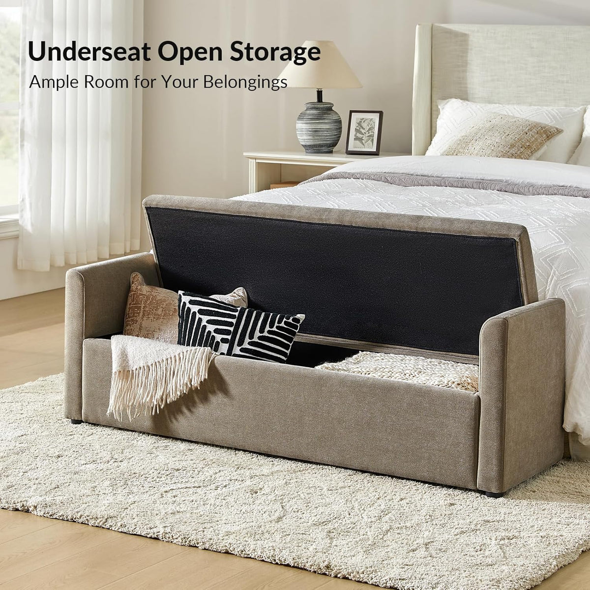 HULALA HOME Modern Storage Bench with Throw Pillows, 59.4" Extra Long Bedroom Ottoman Bench for End