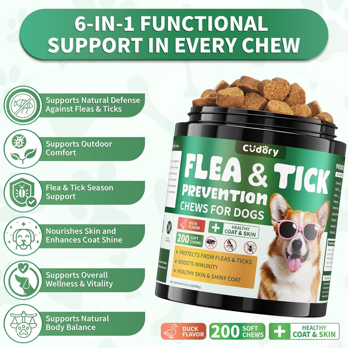 Flea and Tick Prevention for Dogs Chews – 200 Soft Chews, Dog Flea Chewables with Skin & Coat